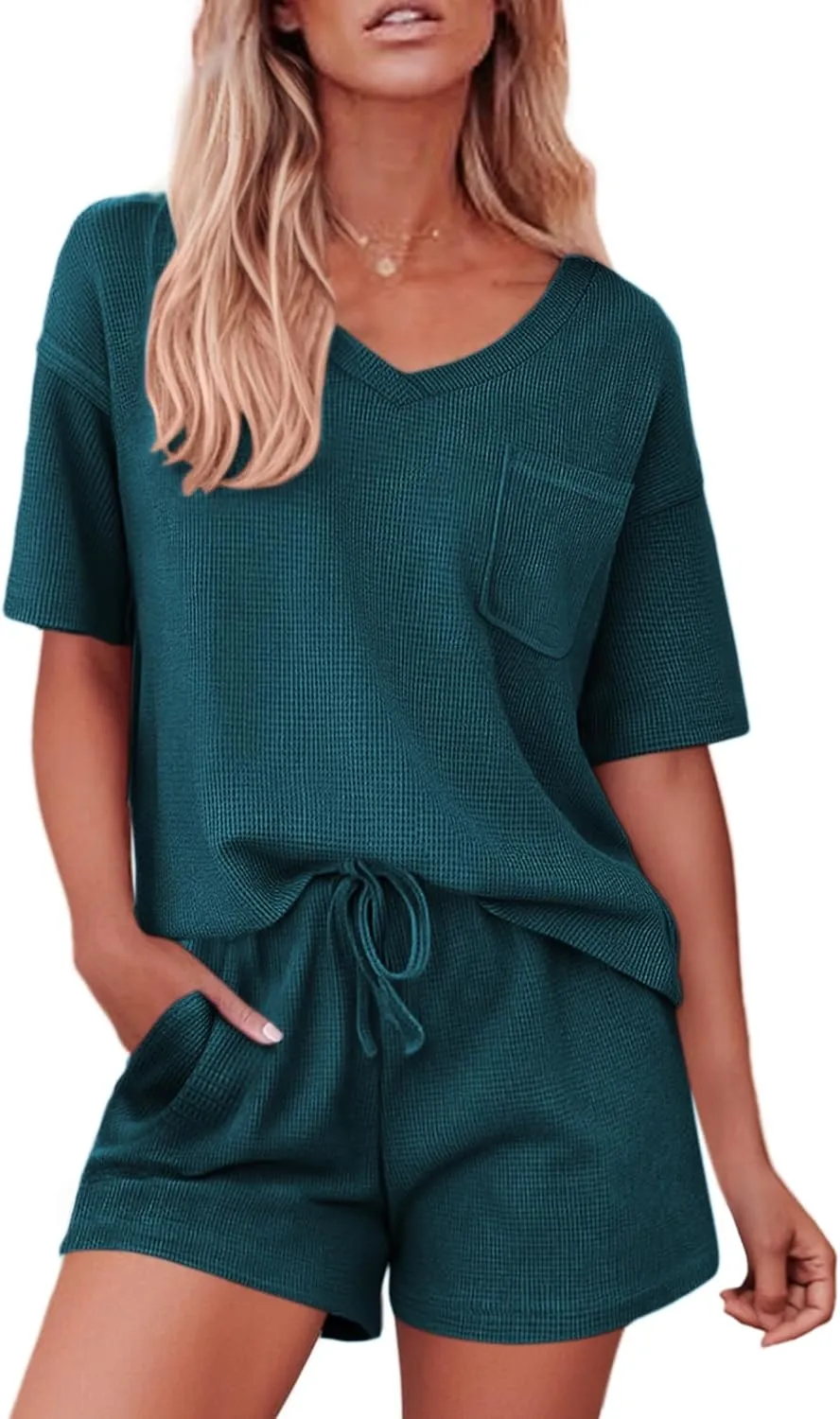 Ekouaer Pajamas for Women Waffle Knit Lounge Set 2 Piece PJS Short Sleeve Top and Shorts Matching Loungewear with Pockets