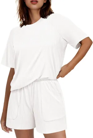 Ekouaer Women Pajama Sets Ribbed Knit 2 Piece Lounge Set Short Sleeve Pjs Summer Loungewear Sleepwear with Pockets