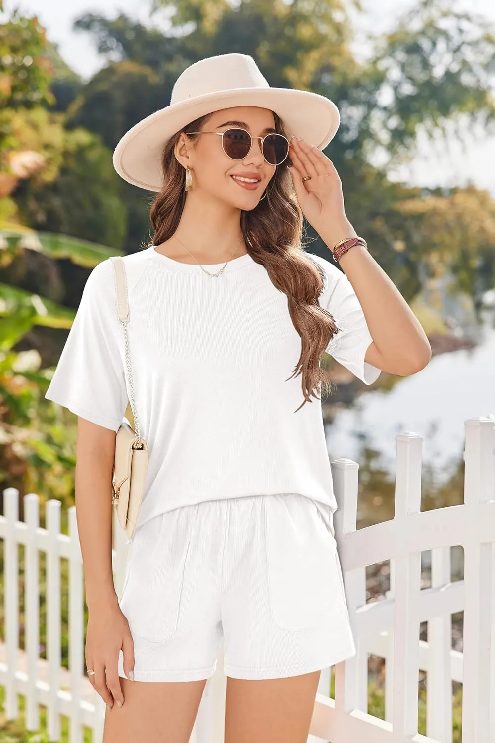 Ekouaer Women Pajama Sets Ribbed Knit 2 Piece Lounge Set Short Sleeve Pjs Summer Loungewear Sleepwear with Pockets
