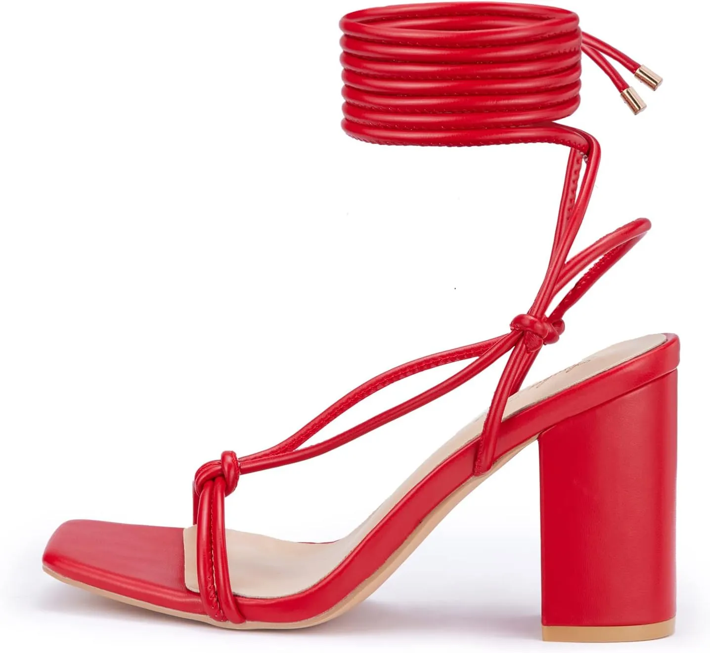 Elisabet Tang Women's Strappy Chunky Heels Sandals, 3 inch Low Block Heels Lace Up Ankle Wrap Heels Square Open Toe Tie Up Heeled Sandals Shoes