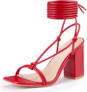 Elisabet Tang Women's Strappy Chunky Heels Sandals, 3 inch Low Block Heels Lace Up Ankle Wrap Heels Square Open Toe Tie Up Heeled Sandals Shoes