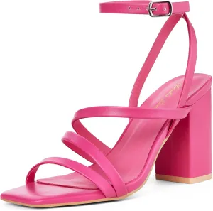 Elisabet Tang Women's Strappy Chunky Heels Sandals, Ankle Strap 3 inch Mid Block Heels Lace up Square Open Toe Thick Heeled Sandals Shoes