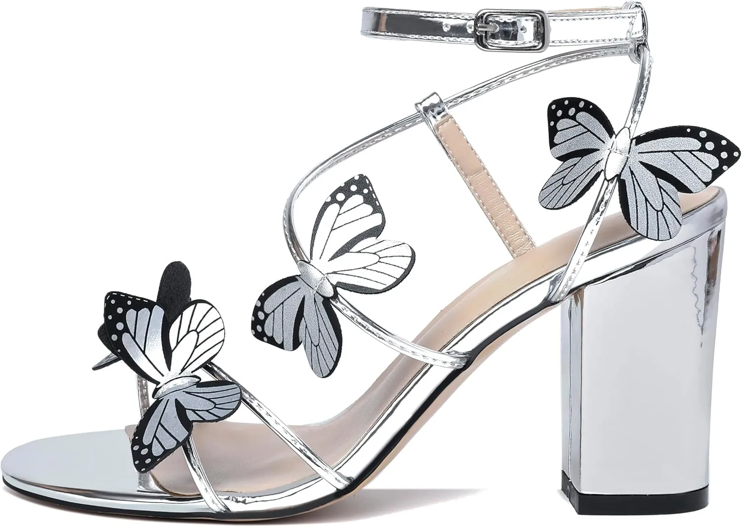 Esvowido Women's Chunky Heeled Sandals, Strappy Open Toe Butterfly Heels, Ankle Strap Block High Heel Sandals 3.5 Inches