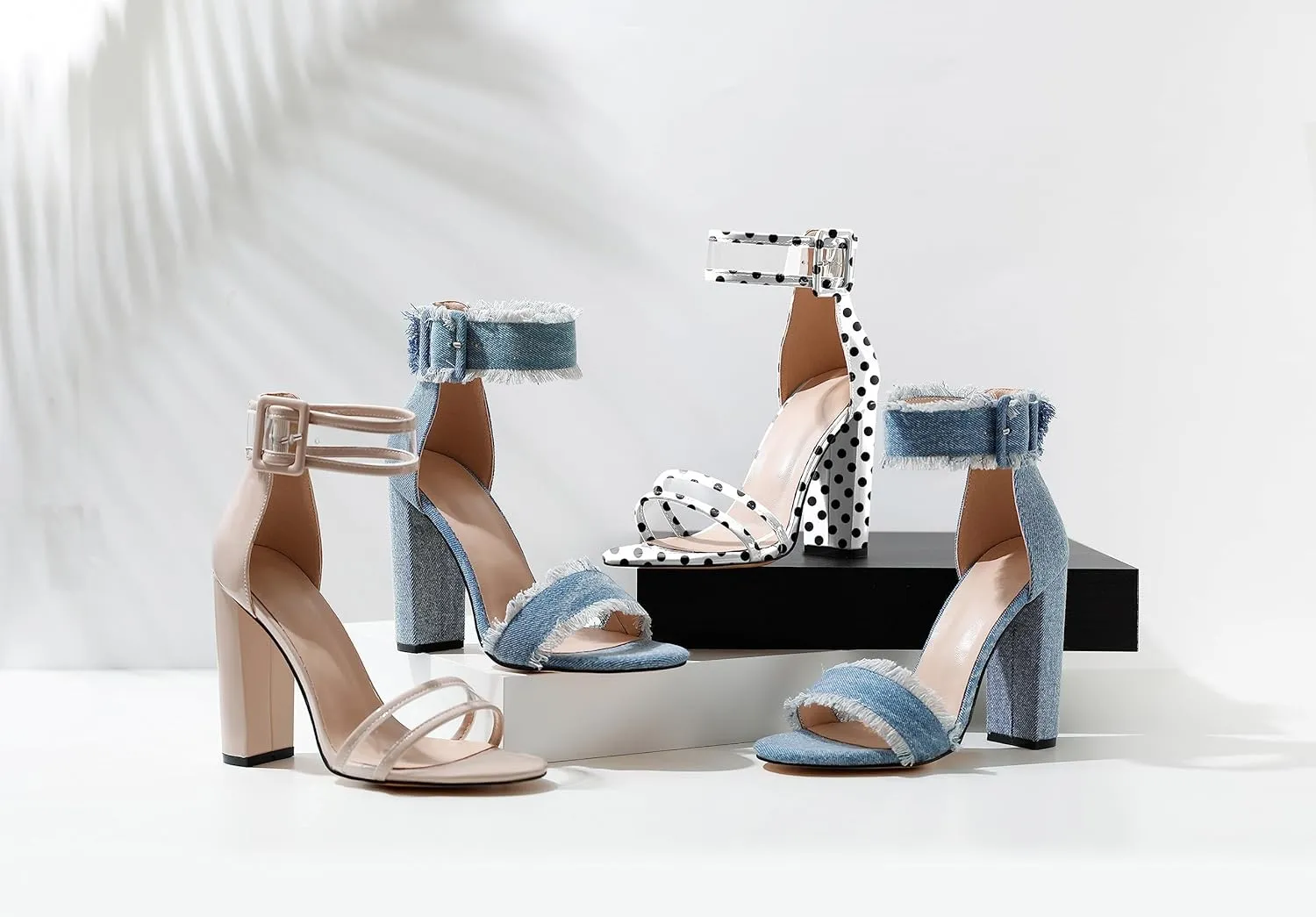 Esvowido Women's Open Toe Denim High Heeled Sandals Fashion Comfortable Ankle Strap Tassel Chunky Block Heels