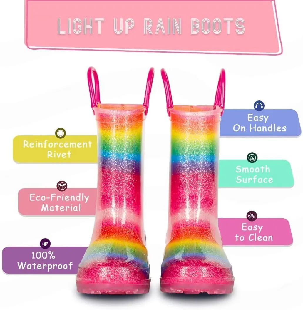 EUXTERPA Girls Glitter Light Up Waterproof Rain Boots Toddler Kids Rainbow Boots with Easy On Handles
