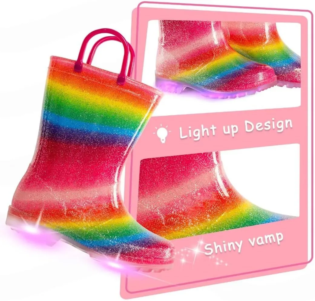 EUXTERPA Girls Glitter Light Up Waterproof Rain Boots Toddler Kids Rainbow Boots with Easy On Handles