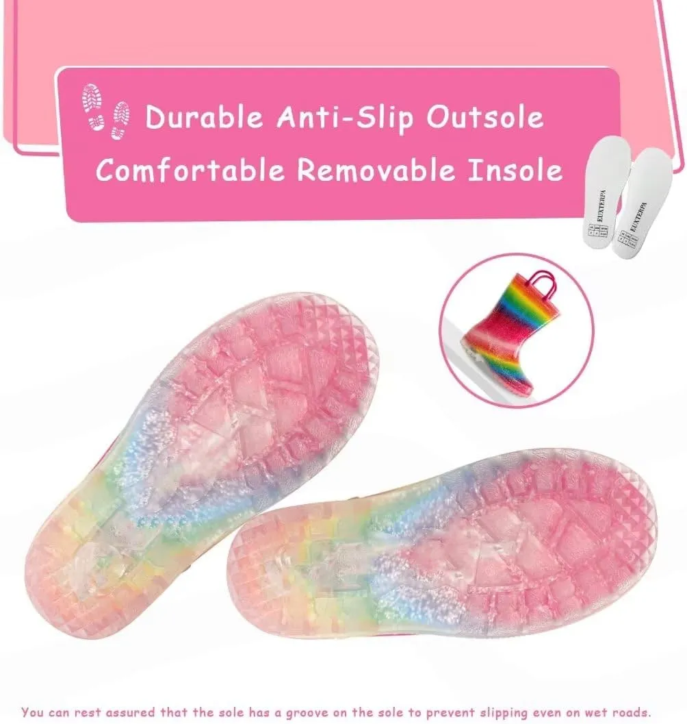 EUXTERPA Girls Glitter Light Up Waterproof Rain Boots Toddler Kids Rainbow Boots with Easy On Handles