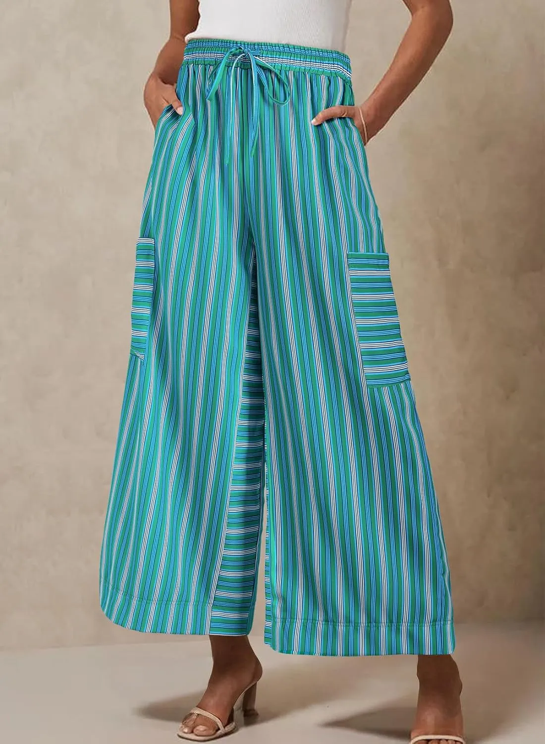EVALESS Women Palazzo Pants Summer Casual Wide Leg High Waist Lounge Flowy Beach Striped Trousers Travel Vacation Outfits