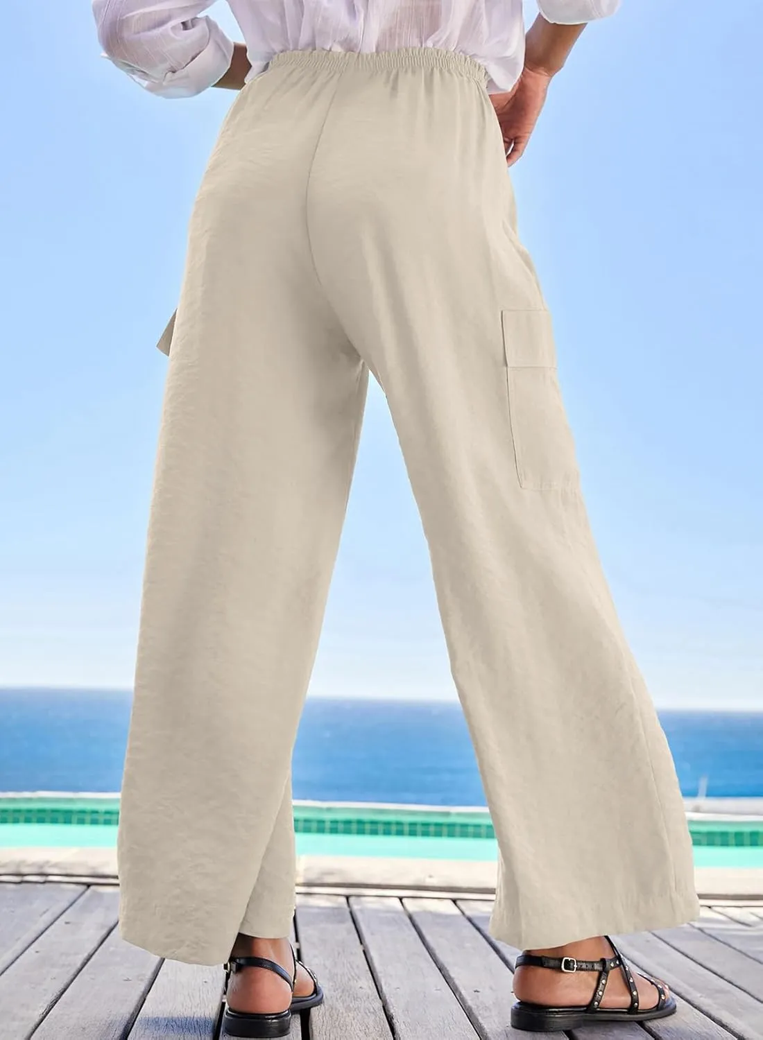EVALESS Women Palazzo Pants Summer Casual Wide Leg High Waist Lounge Flowy Beach Trousers Travel Vacation Outfits