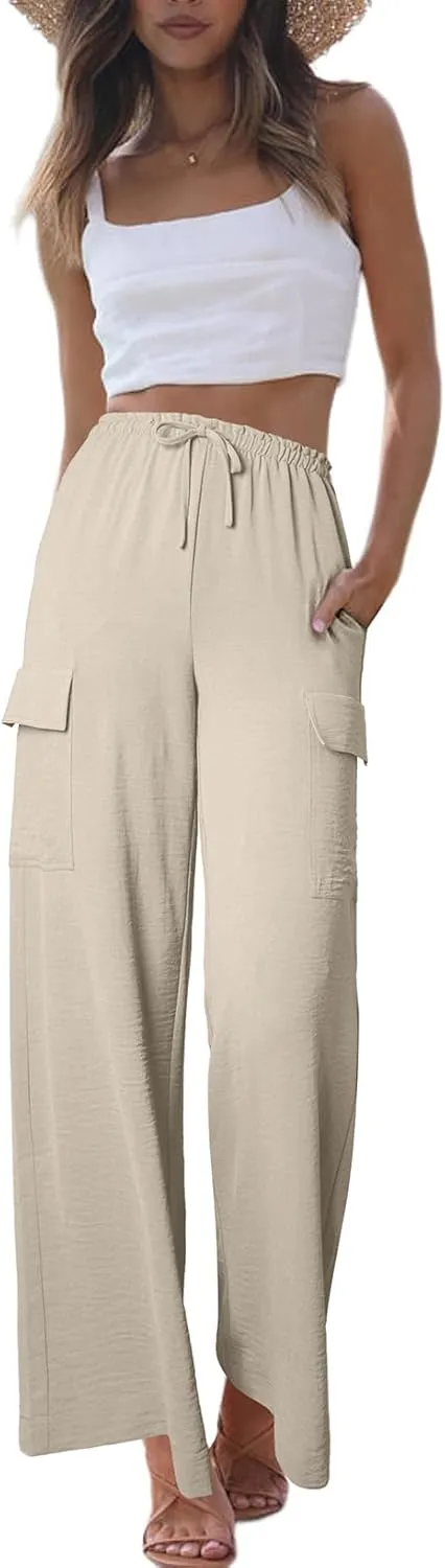 EVALESS Women Palazzo Pants Summer Casual Wide Leg High Waist Lounge Flowy Beach Trousers Travel Vacation Outfits