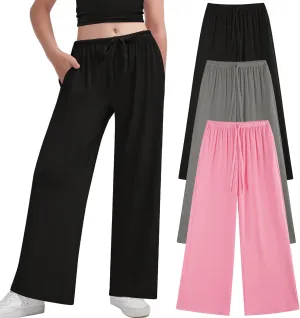 EXARUS 3 Pack Girl's Wide Leg Baggy Sweatpants Flowy Drawstring Waist Loose Long Sweat Pants Casual for Teen 8-14Y