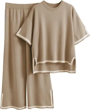 Faleave Womens Knit 2 Piece Sweater Sets Short Sleeve Pullover Tops Elastic Waist Wide Leg Pants Lounge Set