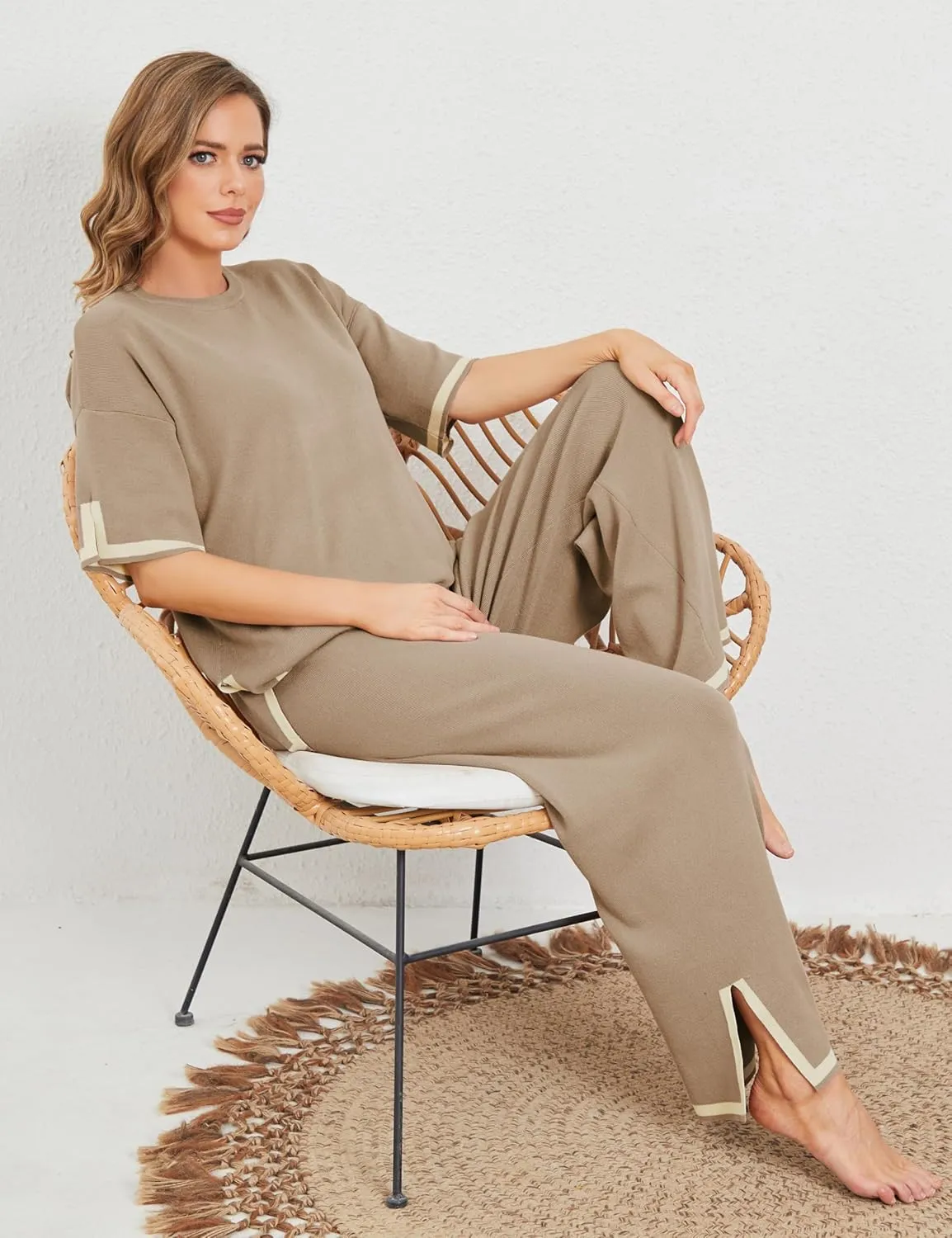 Faleave Womens Knit 2 Piece Sweater Sets Short Sleeve Pullover Tops Elastic Waist Wide Leg Pants Lounge Set