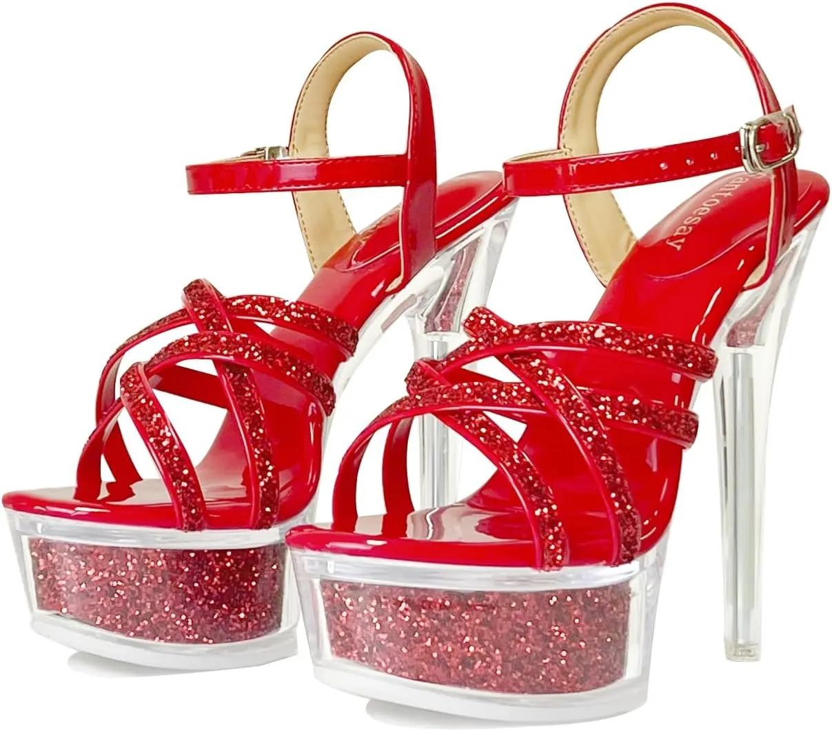 Fantoesay Women's Platform Sandals Sparkling Glitter Strappy Stiletto High Heels Sexy Clear Sandals