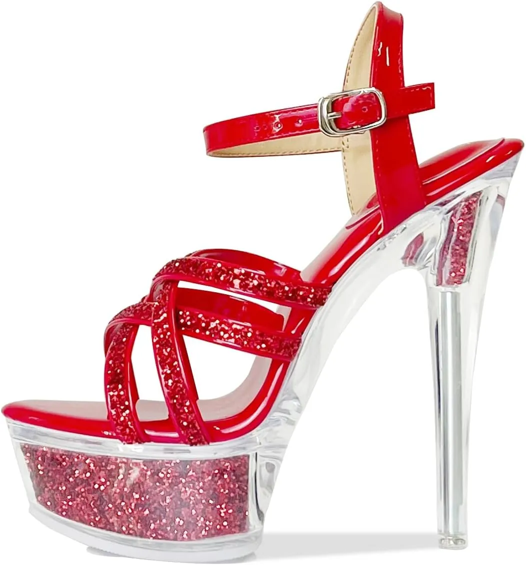 Fantoesay Women's Platform Sandals Sparkling Glitter Strappy Stiletto High Heels Sexy Clear Sandals