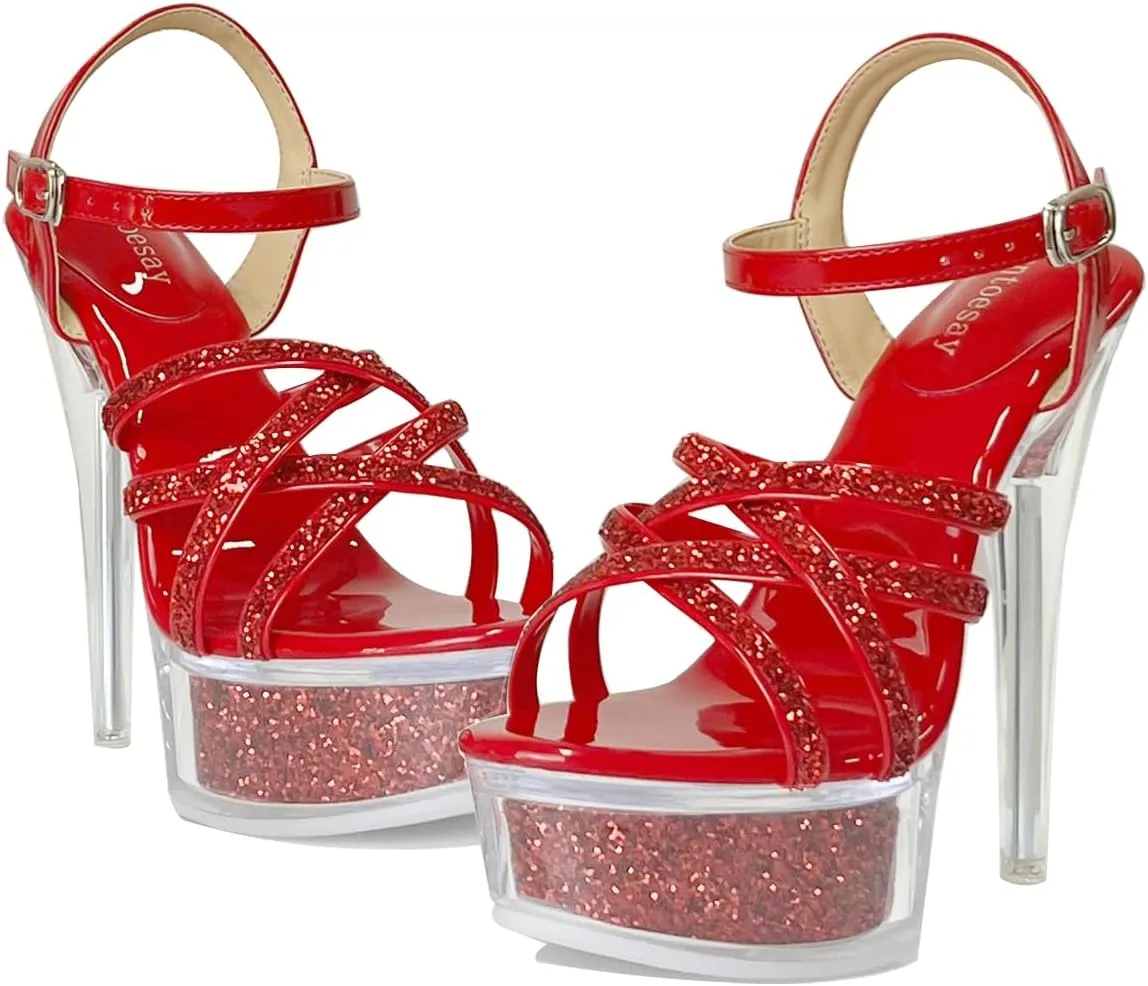 Fantoesay Women's Platform Sandals Sparkling Glitter Strappy Stiletto High Heels Sexy Clear Sandals