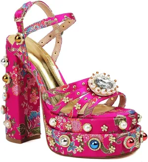 Feinlina Women Rhinestone High Chunky Platform Open Toe Block Heels Gems Detail Fashion Green Pink Floral Print Embroidery Ankle Strap Dress Wedding Party Pump Sandals