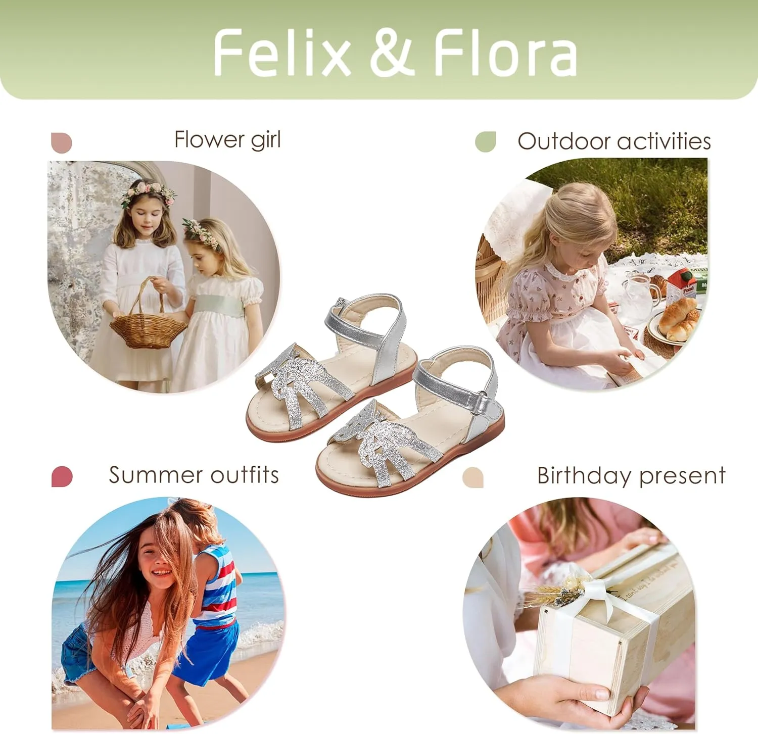 Felix & Flora Toddler Girls Sandals Soft Rubber Flats Summer Baby Flower Girl Shoes.