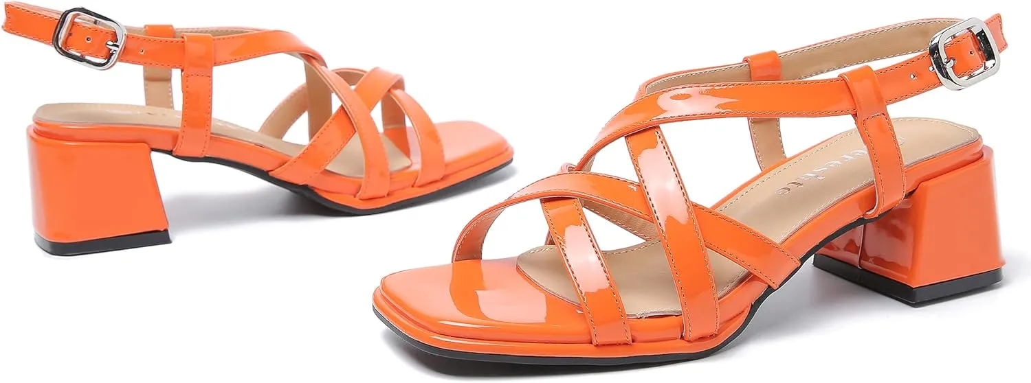fereshte Women's Slingback Heeled Sandals Corss Straps Open Toe Strappy Low Block Heel Sandals