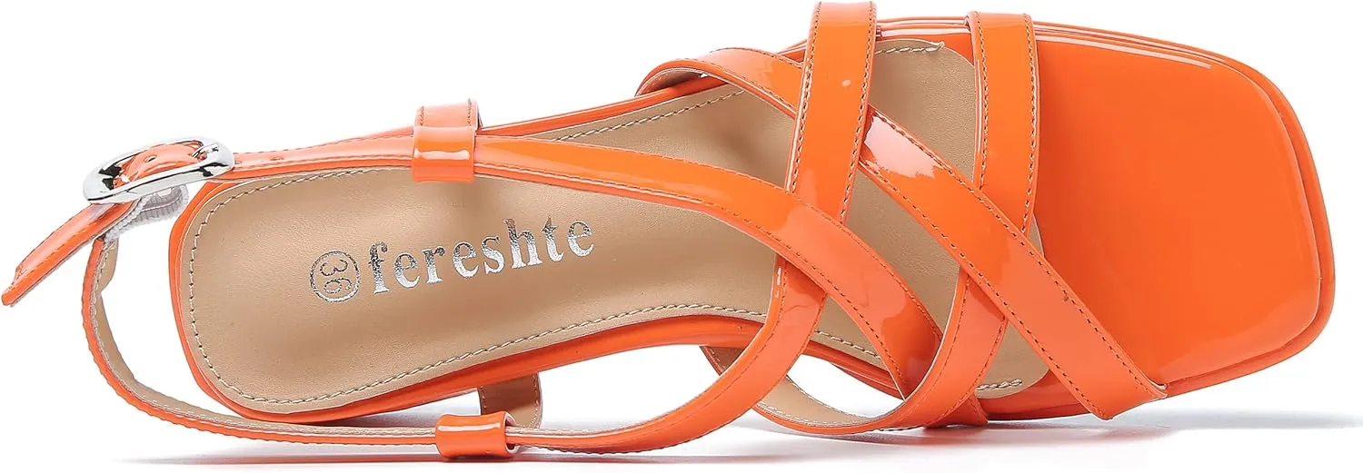 fereshte Women's Slingback Heeled Sandals Corss Straps Open Toe Strappy Low Block Heel Sandals