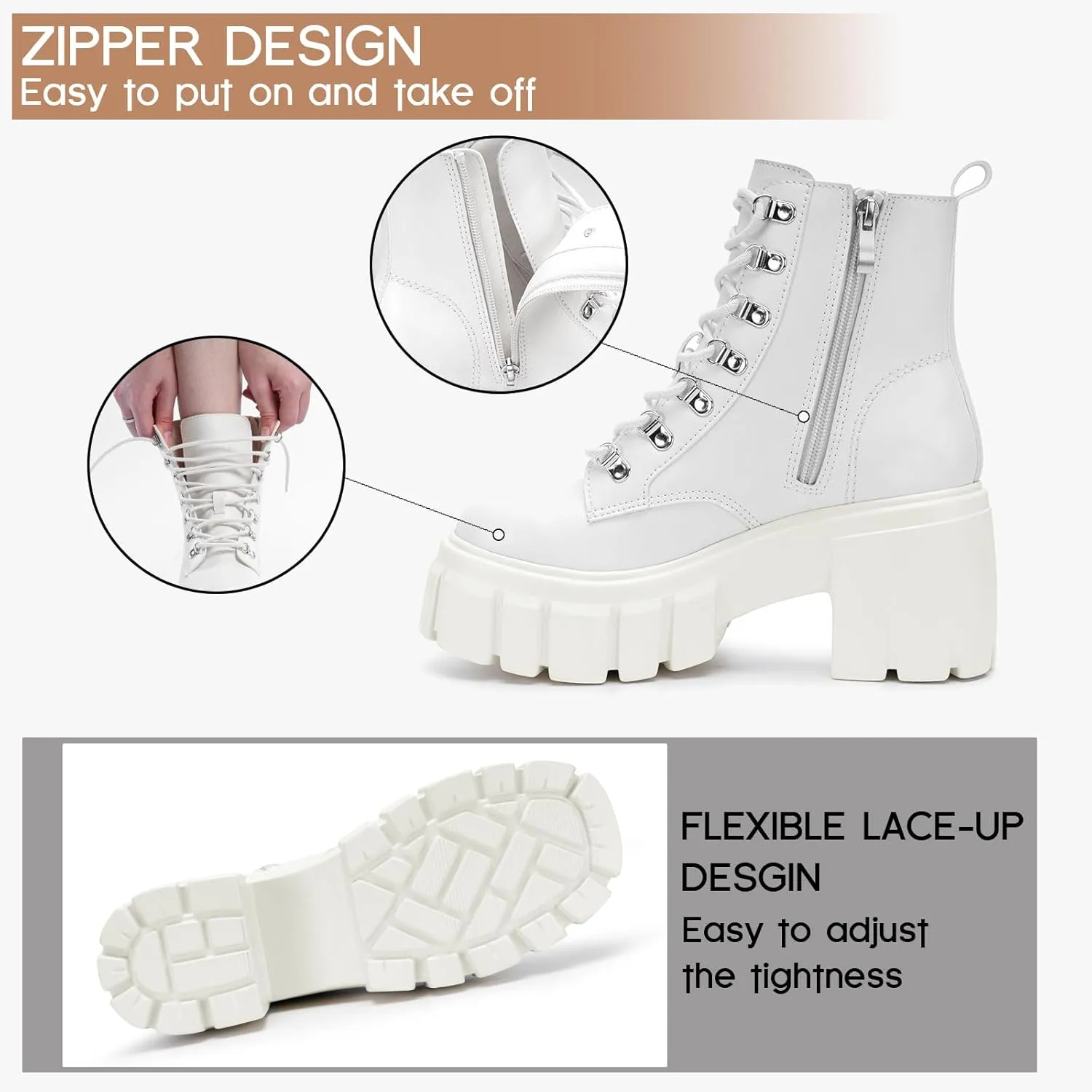 FITORY Women’s Combat Boots Lightweight Lace up Side Zipper Ankle Botas High Heel Chunky Platform Lug Sole Booties Size 6-11