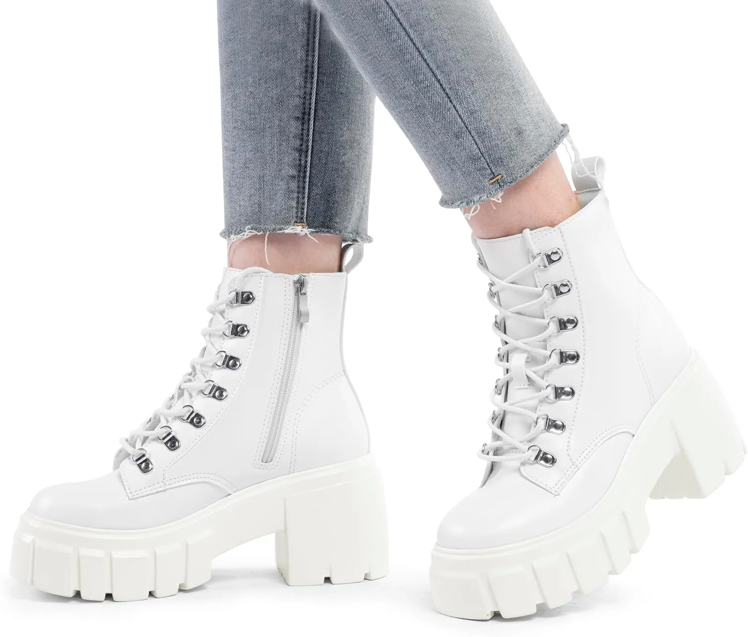 FITORY Women’s Combat Boots Lightweight Lace up Side Zipper Ankle Botas High Heel Chunky Platform Lug Sole Booties Size 6-11