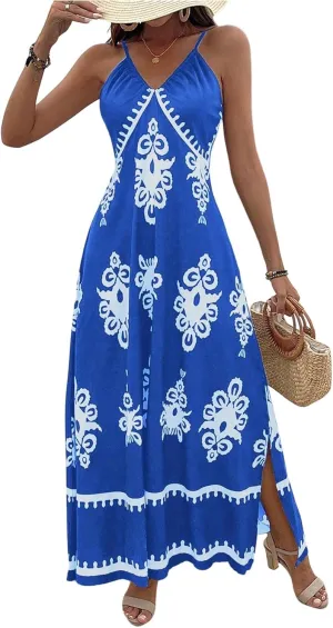 Floerns Women's Boho Print V Neck Split Cami Dress Sleeveless Vacation A Line Maxi Dresses