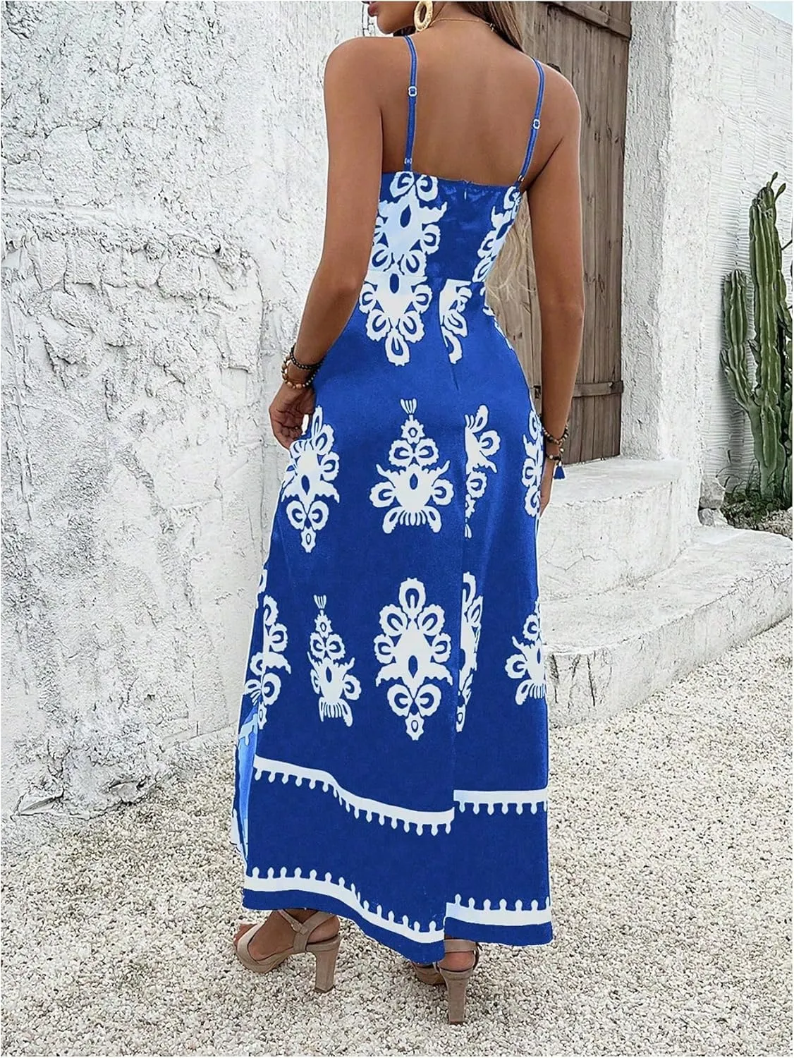Floerns Women's Boho Print V Neck Split Cami Dress Sleeveless Vacation A Line Maxi Dresses