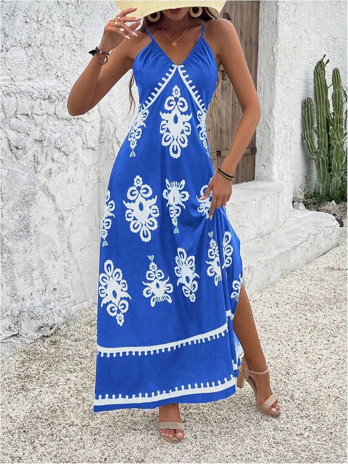 Floerns Women's Boho Print V Neck Split Cami Dress Sleeveless Vacation A Line Maxi Dresses