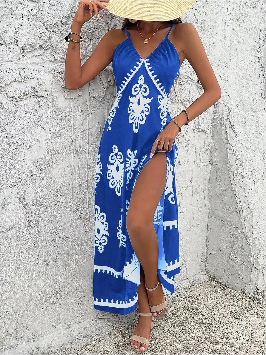 Floerns Women's Boho Print V Neck Split Cami Dress Sleeveless Vacation A Line Maxi Dresses