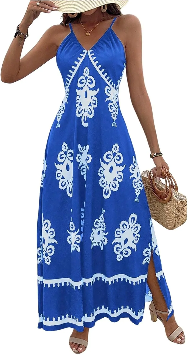 Floerns Women's Boho Print V Neck Split Cami Dress Sleeveless Vacation A Line Maxi Dresses