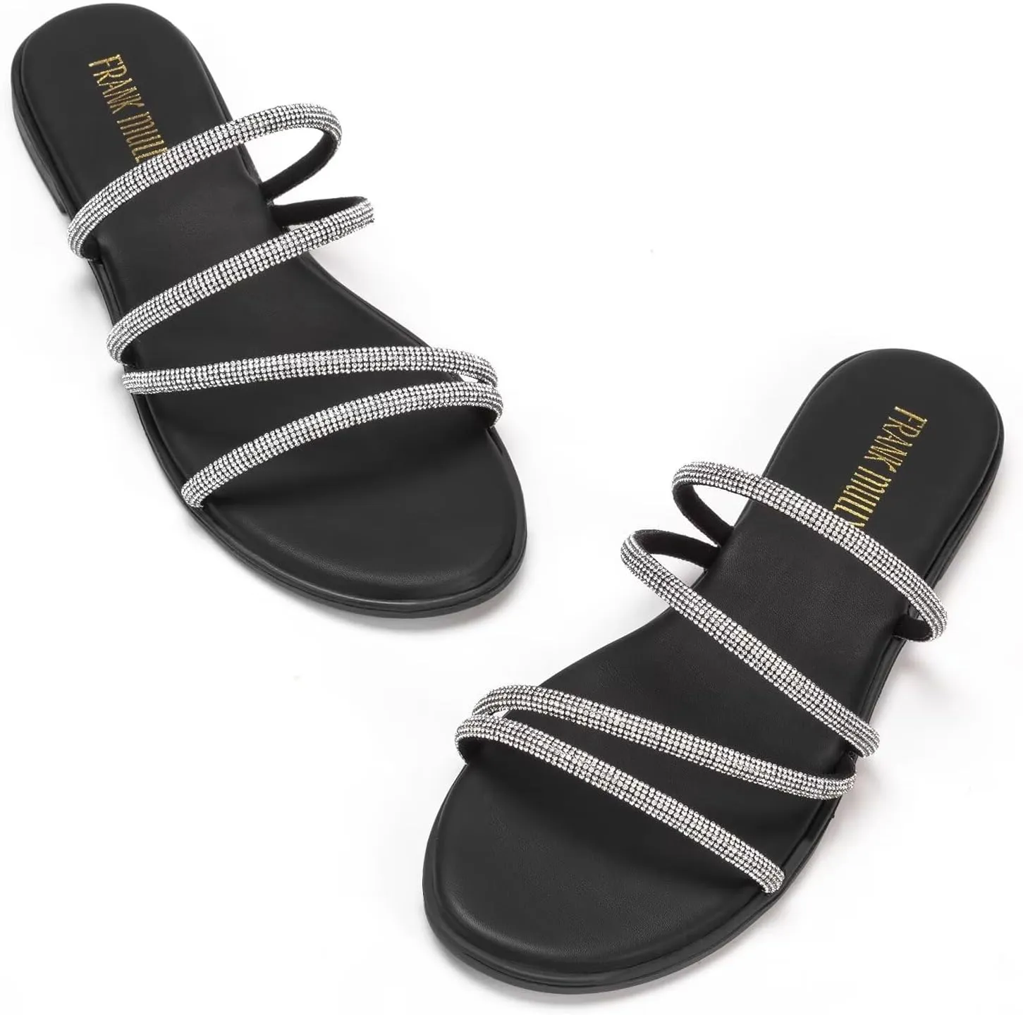 Frank Mully Womens Slide Sandals Open Toe Rhinestone Straps Slip On Beach Slide Casual Dressy Flats Sandal for Women Summer