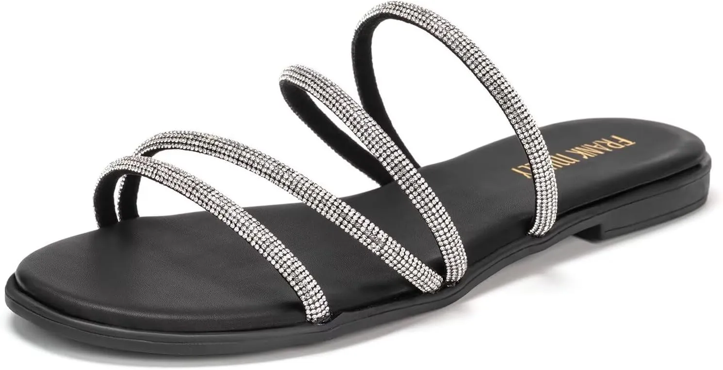Frank Mully Womens Slide Sandals Open Toe Rhinestone Straps Slip On Beach Slide Casual Dressy Flats Sandal for Women Summer
