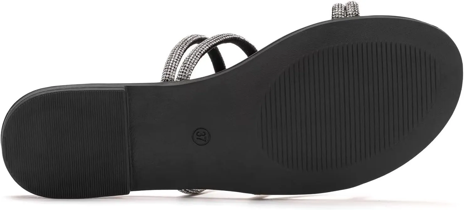 Frank Mully Womens Slide Sandals Open Toe Rhinestone Straps Slip On Beach Slide Casual Dressy Flats Sandal for Women Summer