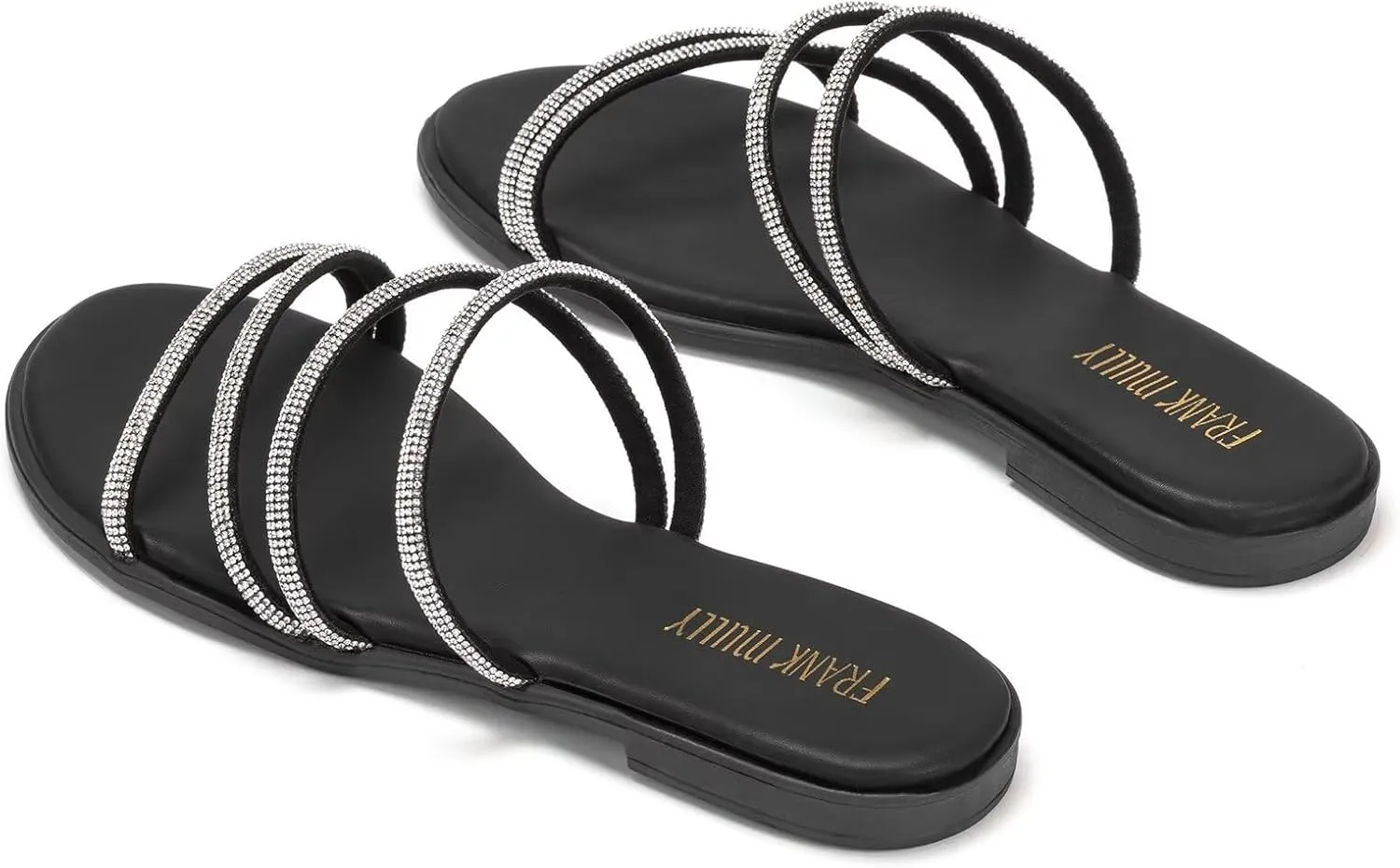 Frank Mully Womens Slide Sandals Open Toe Rhinestone Straps Slip On Beach Slide Casual Dressy Flats Sandal for Women Summer