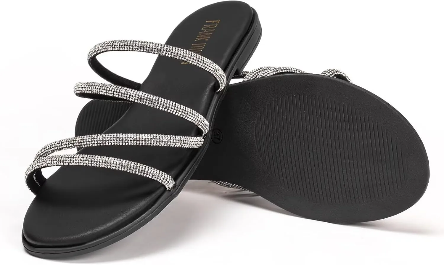Frank Mully Womens Slide Sandals Open Toe Rhinestone Straps Slip On Beach Slide Casual Dressy Flats Sandal for Women Summer
