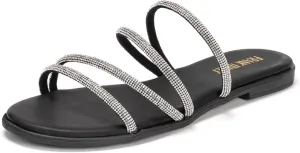 Frank Mully Womens Slide Sandals Open Toe Rhinestone Straps Slip On Beach Slide Casual Dressy Flats Sandal for Women Summer
