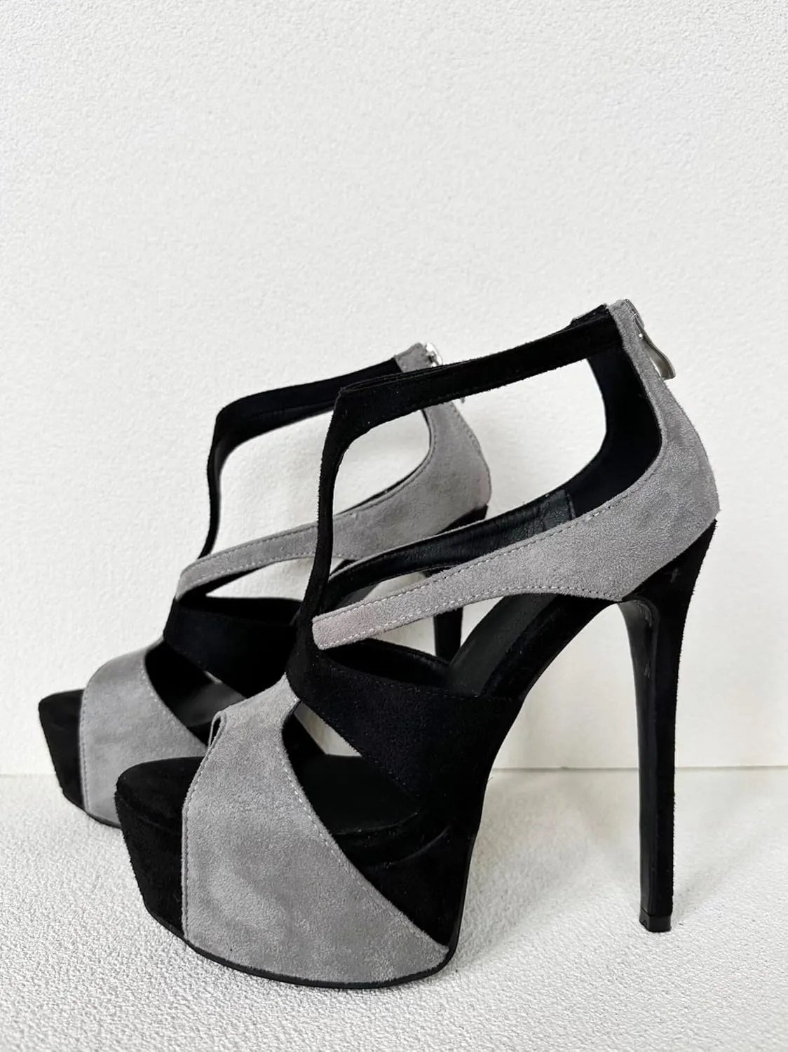 Frankie Hsu Ladies Sexy Stiletto Platform High Heeled Sandals, Grey Black Suede Designer Style, Big Large Size US4-19 Unisex Shoes For Women Men