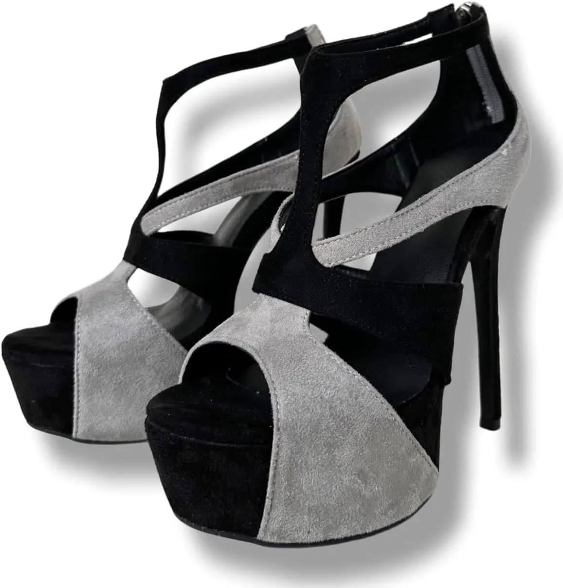 Frankie Hsu Ladies Sexy Stiletto Platform High Heeled Sandals, Grey Black Suede Designer Style, Big Large Size US4-19 Unisex Shoes For Women Men