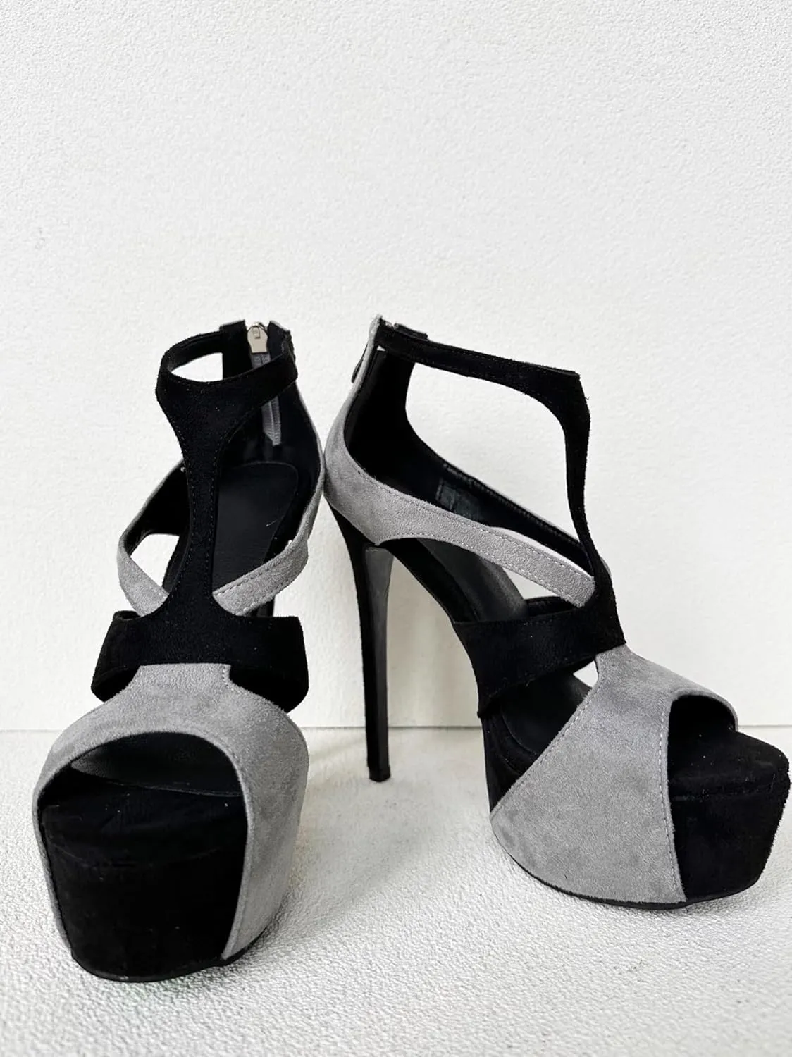 Frankie Hsu Ladies Sexy Stiletto Platform High Heeled Sandals, Grey Black Suede Designer Style, Big Large Size US4-19 Unisex Shoes For Women Men