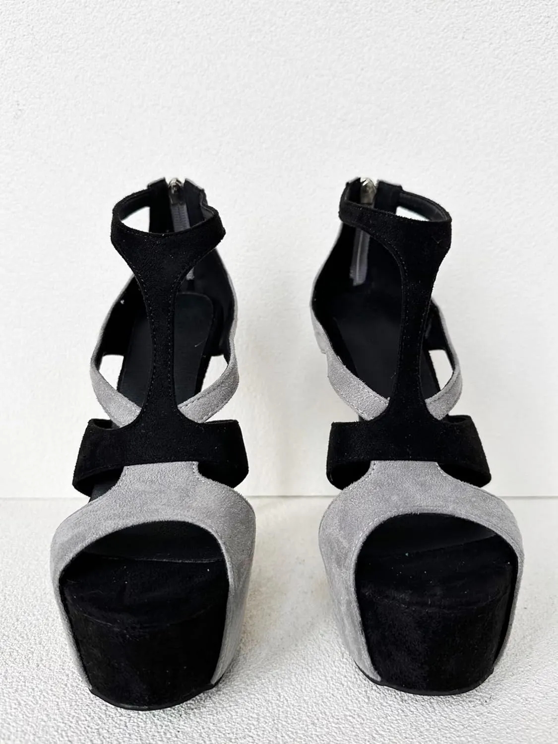 Frankie Hsu Ladies Sexy Stiletto Platform High Heeled Sandals, Grey Black Suede Designer Style, Big Large Size US4-19 Unisex Shoes For Women Men