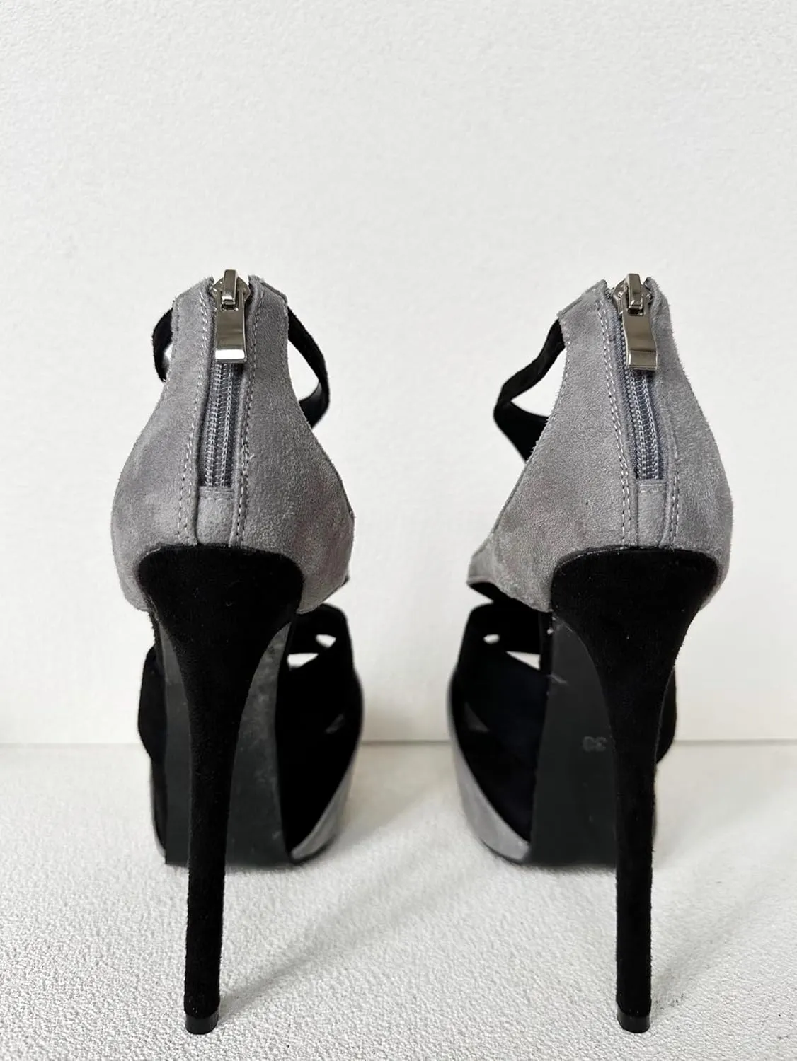 Frankie Hsu Ladies Sexy Stiletto Platform High Heeled Sandals, Grey Black Suede Designer Style, Big Large Size US4-19 Unisex Shoes For Women Men