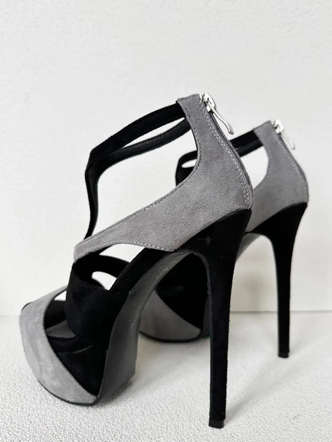 Frankie Hsu Ladies Sexy Stiletto Platform High Heeled Sandals, Grey Black Suede Designer Style, Big Large Size US4-19 Unisex Shoes For Women Men