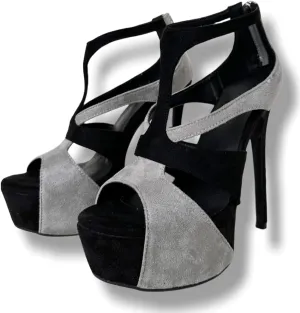 Frankie Hsu Ladies Sexy Stiletto Platform High Heeled Sandals, Grey Black Suede Designer Style, Big Large Size US4-19 Unisex Shoes For Women Men