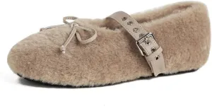 Fur Ballet Flats for Women Mary Jane Flats Buckle Strap Comfy Ballerina Flat Shoes Cute Casual Faux Fur Shoes