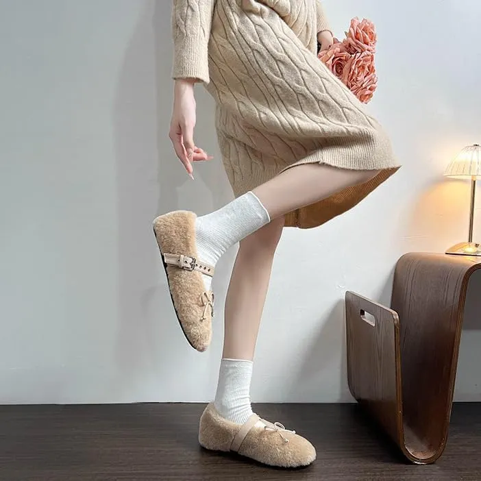 Fur Ballet Flats for Women Mary Jane Flats Buckle Strap Comfy Ballerina Flat Shoes Cute Casual Faux Fur Shoes