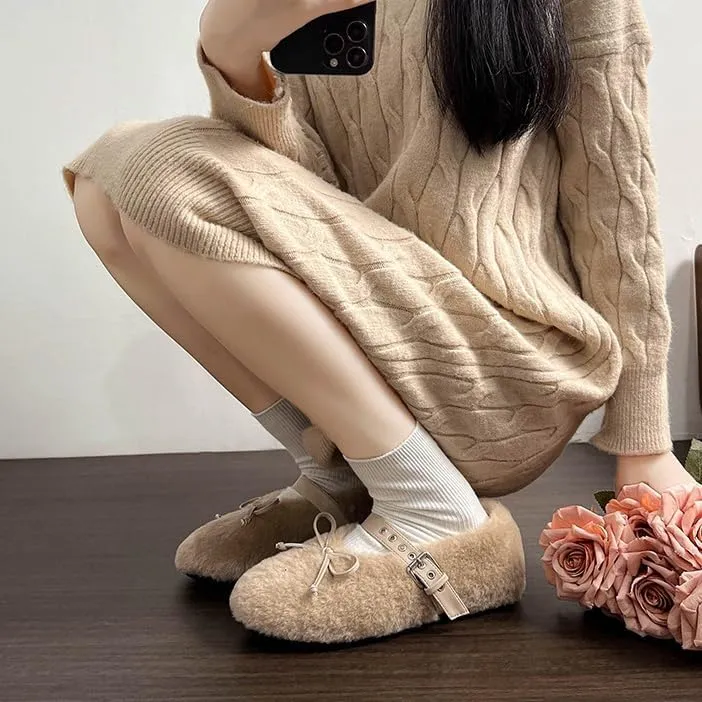 Fur Ballet Flats for Women Mary Jane Flats Buckle Strap Comfy Ballerina Flat Shoes Cute Casual Faux Fur Shoes