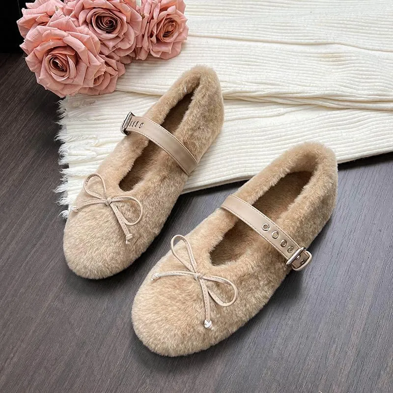 Fur Ballet Flats for Women Mary Jane Flats Buckle Strap Comfy Ballerina Flat Shoes Cute Casual Faux Fur Shoes