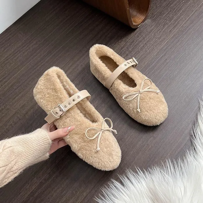 Fur Ballet Flats for Women Mary Jane Flats Buckle Strap Comfy Ballerina Flat Shoes Cute Casual Faux Fur Shoes