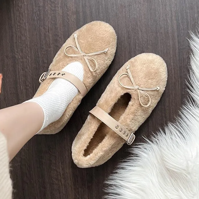 Fur Ballet Flats for Women Mary Jane Flats Buckle Strap Comfy Ballerina Flat Shoes Cute Casual Faux Fur Shoes